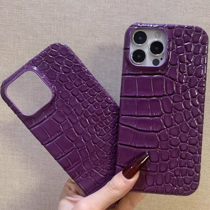 Finely Crafted Leather Crocodile-Embossed Mulberry Purple Phone Case - Compatible with iPhone 15 Series 8302