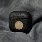 Finely Crafted Black Leather AirPods Case with Coin Emblem 8208