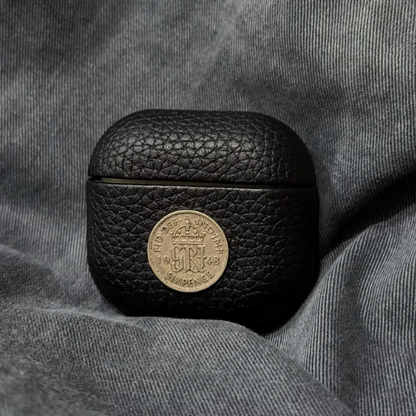 Finely Crafted Black Leather Coin Emblem Case for AirPods & AirPods Pro 8208
