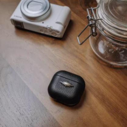 Finely Crafted Black Leather Case with Silver Star Accent for AirPods & AirPods Pro 8207