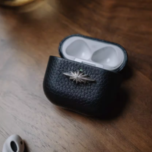 Finely Crafted Black Leather Case with Silver Star Accent for AirPods & AirPods Pro 8207