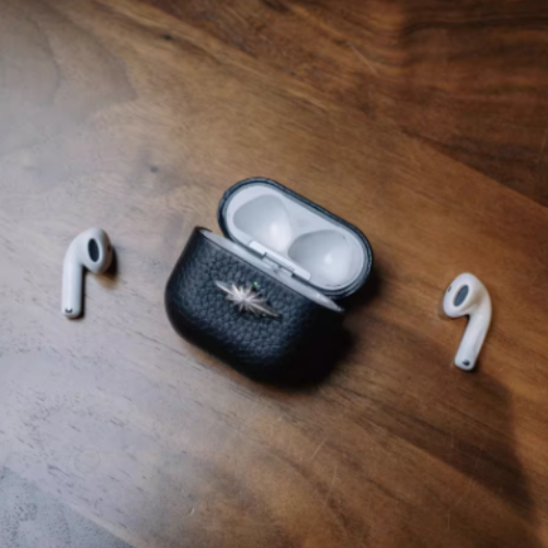 Finely Crafted Black Leather AirPods Case with Silver Star Accent 8207