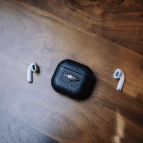 Finely Crafted Black Leather Case with Silver Star Accent for AirPods & AirPods Pro 8207