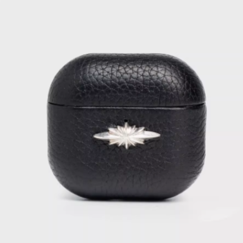 Finely Crafted Black Leather Case with Silver Star Accent for AirPods & AirPods Pro 8207
