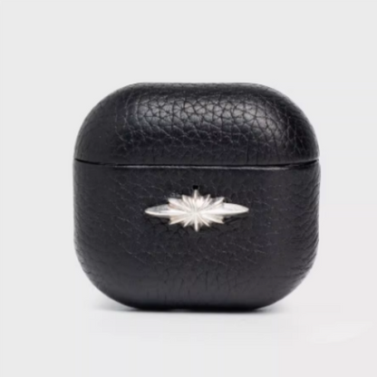 Finely Crafted Black Leather Case with Silver Star Accent for AirPods & AirPods Pro 8207