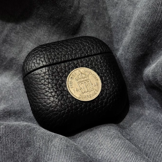 Finely Crafted Black Leather AirPods Case with Coin Emblem 8208
