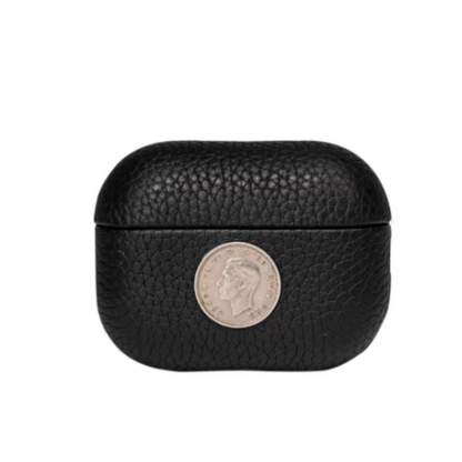 Finely Crafted Black Leather Coin Emblem Case for AirPods & AirPods Pro 8208