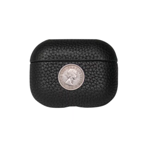 Finely Crafted Black Leather Coin Emblem Case for AirPods & AirPods Pro 8208