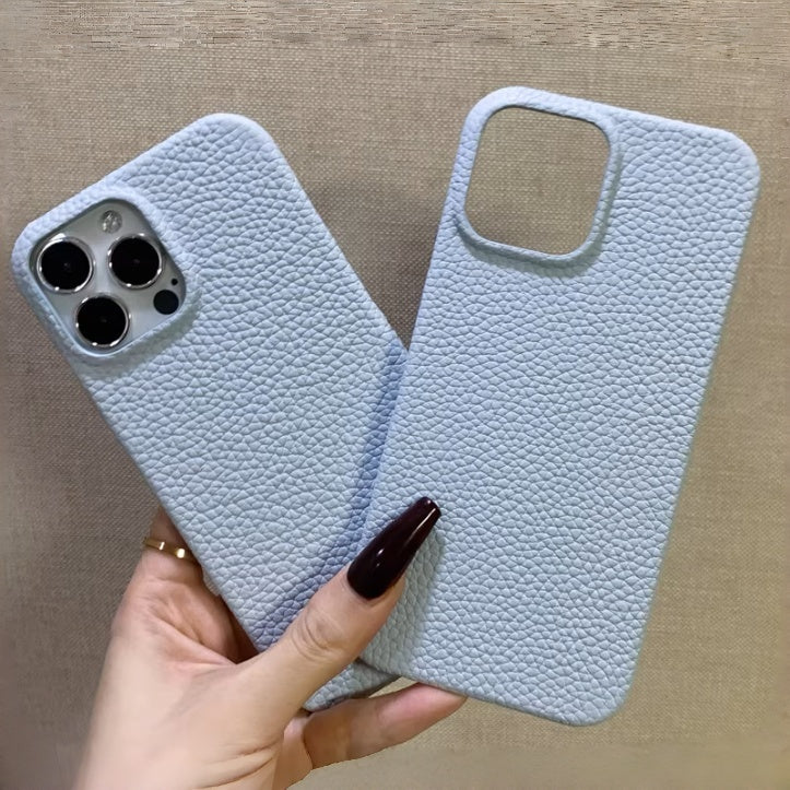Finely Crafted Vanilla White & Powder Blue Leather Phone Case – Compatible with iPhone 14 Series