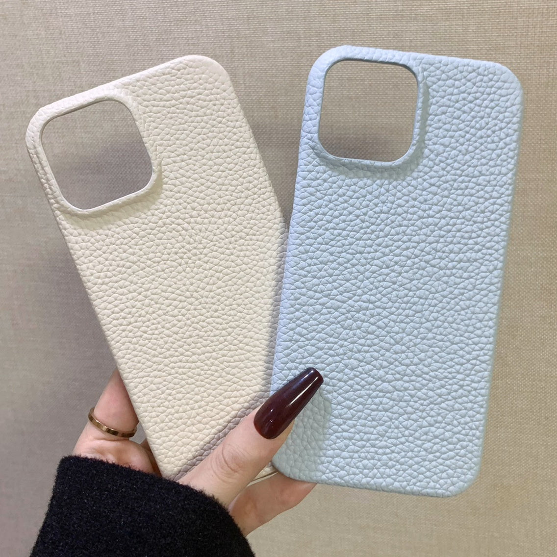 Finely Crafted Vanilla White & Powder Blue Leather Phone Case – Compatible with iPhone 14 Series