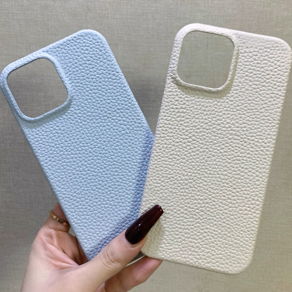 Finely Crafted Vanilla White & Powder Blue Leather Phone Case – Compatible with iPhone 14 Series