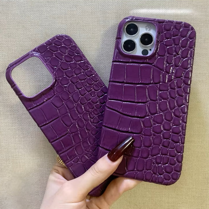 Finely Crafted Leather Crocodile-Embossed Mulberry Purple Phone Case - Compatible with iPhone 15 Series 8302
