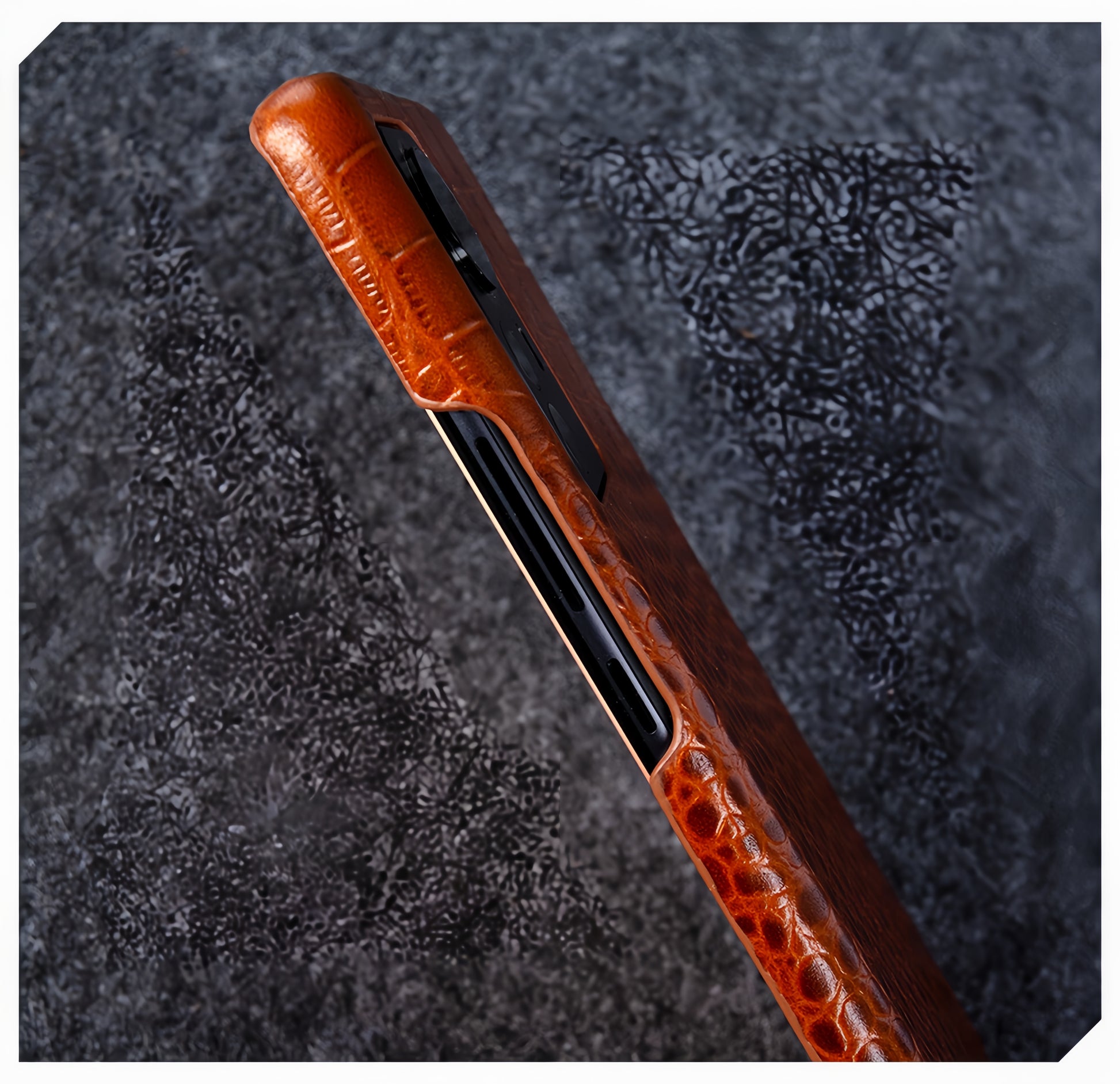 Side view of slim leather MagSafe-compatible iPhone case